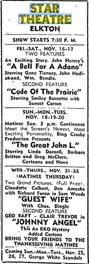 Star Theatre - November 1945 Ad